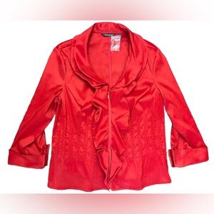 Samuel Dong Ruffle Blouse Jacket Size Large Red Classy Satin Zip Business NWOT